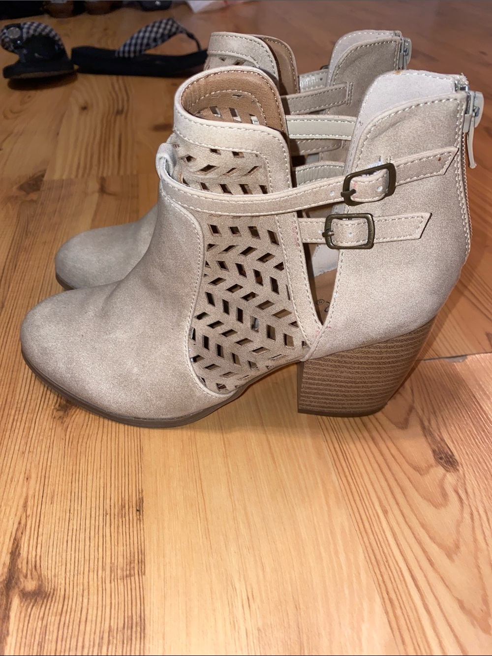 Qupid Taupe Suede Cutout Ankle Heeled Boots with Buckle Straps